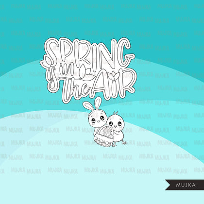 Easter Digital stamps, Chicks, black & white graphics, bunny, ears, egg hunt, best friends, coloring book art outline clipart