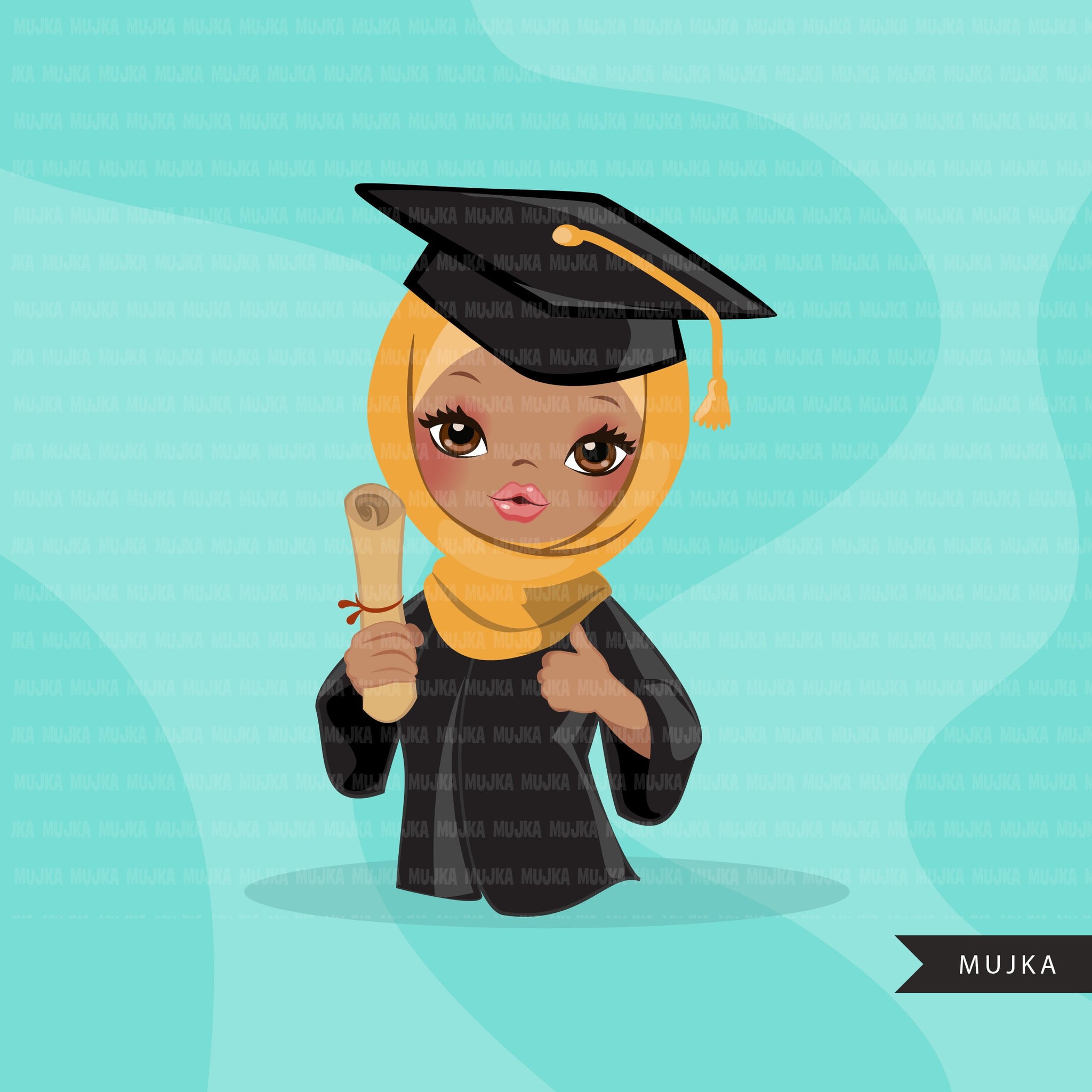Graduation Clipart, senior graduate girls with hijab, cape and scroll, school, muslim student class of 2022 gold banner graphics, PNG