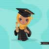 Graduation Clipart, senior graduate girls with hijab, cape and scroll, school, muslim student class of 2022 gold banner graphics, PNG