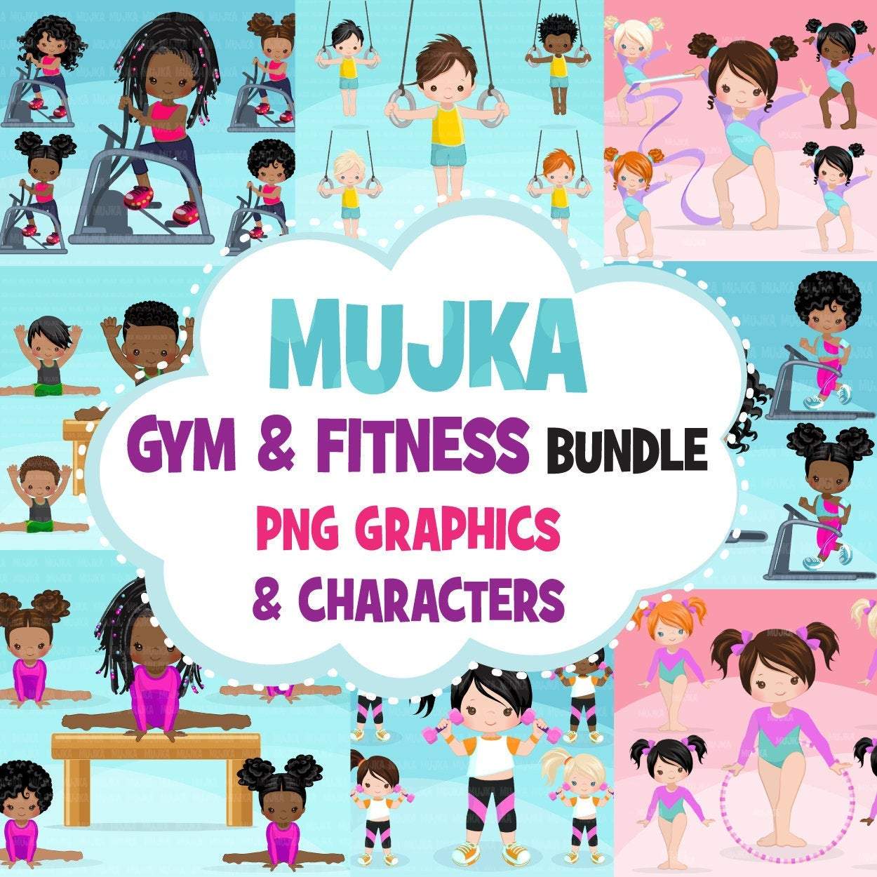 Gymnastics Fitness Clipart Bundle, Sports, workout sublimation t-shirt for black, boy, girl graphics commercial use PNG clip art