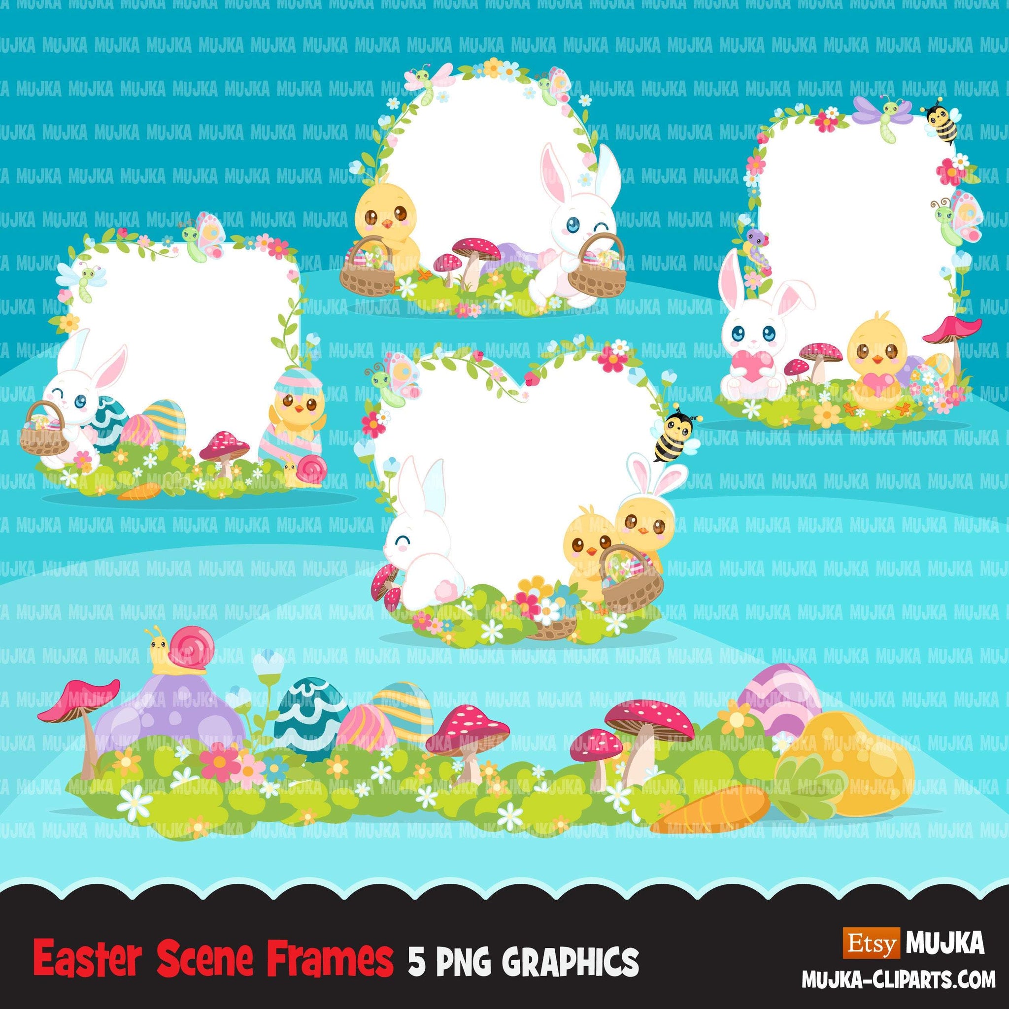 Easter frames clipart, animal frames with bunny, chicks, bugs bees and butterfly graphics, birthday party, clip art