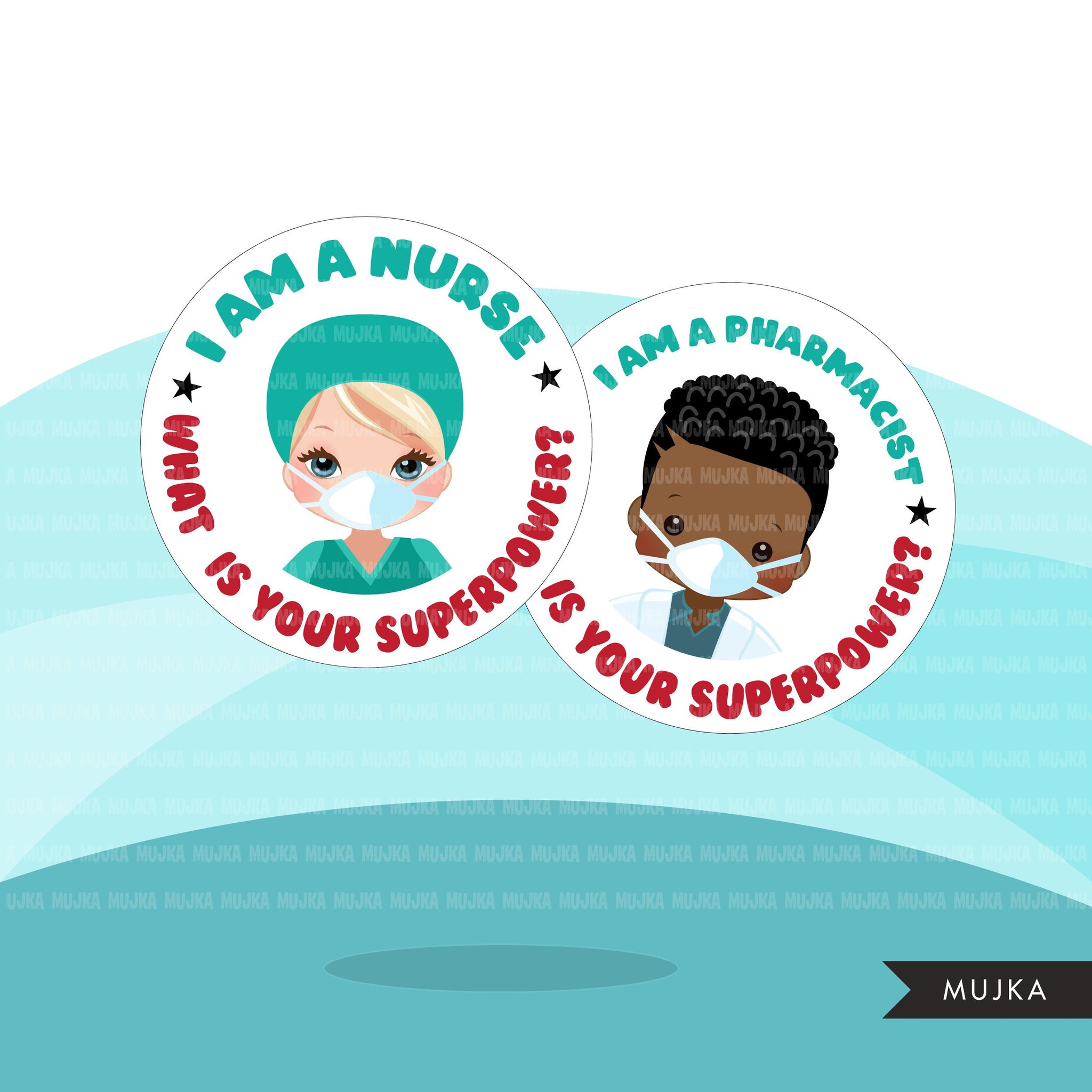 What is your superpower clipart, Digital stickers, Nurse, doctor, pharmacist with mask graphics,  PNG  clip art