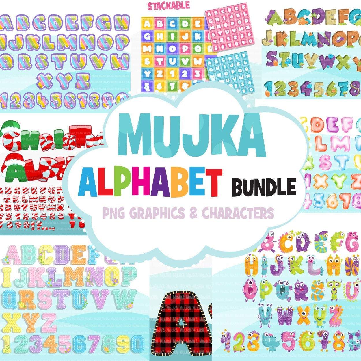 Alphabet Clipart Bundle, Christmas, monsters, rainbow, baby boy and girl, candy, plaid, stitched, science, numbers, PNG clip art
