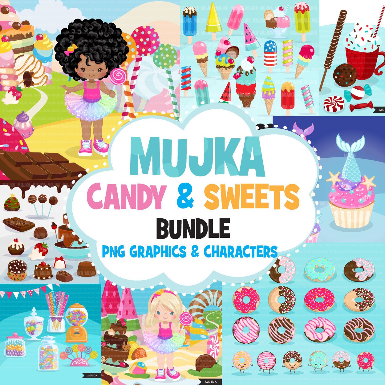 Candy land Clipart Bundle, Sweets, ice cream, donuts, chocolate, cupcakes, backgrounds, tutu girl graphics commercial use PNG clip art