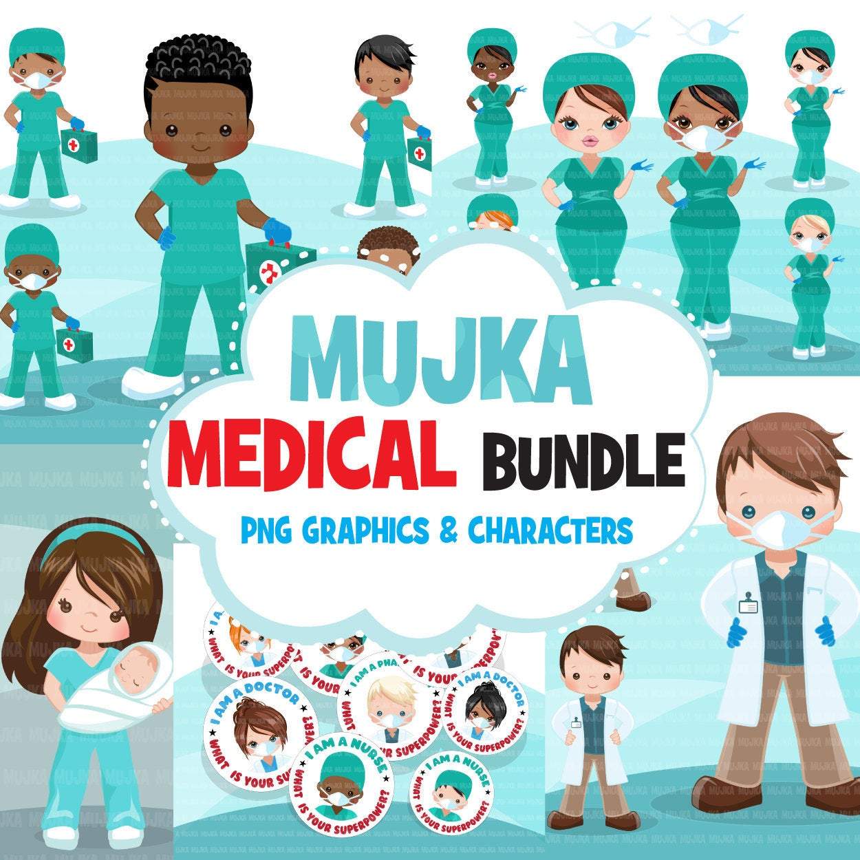Medical Clipart BUNDLE, doctors, nurses, nicu nurse characters, hospital print and cut PNG digital Designs, covid clip art