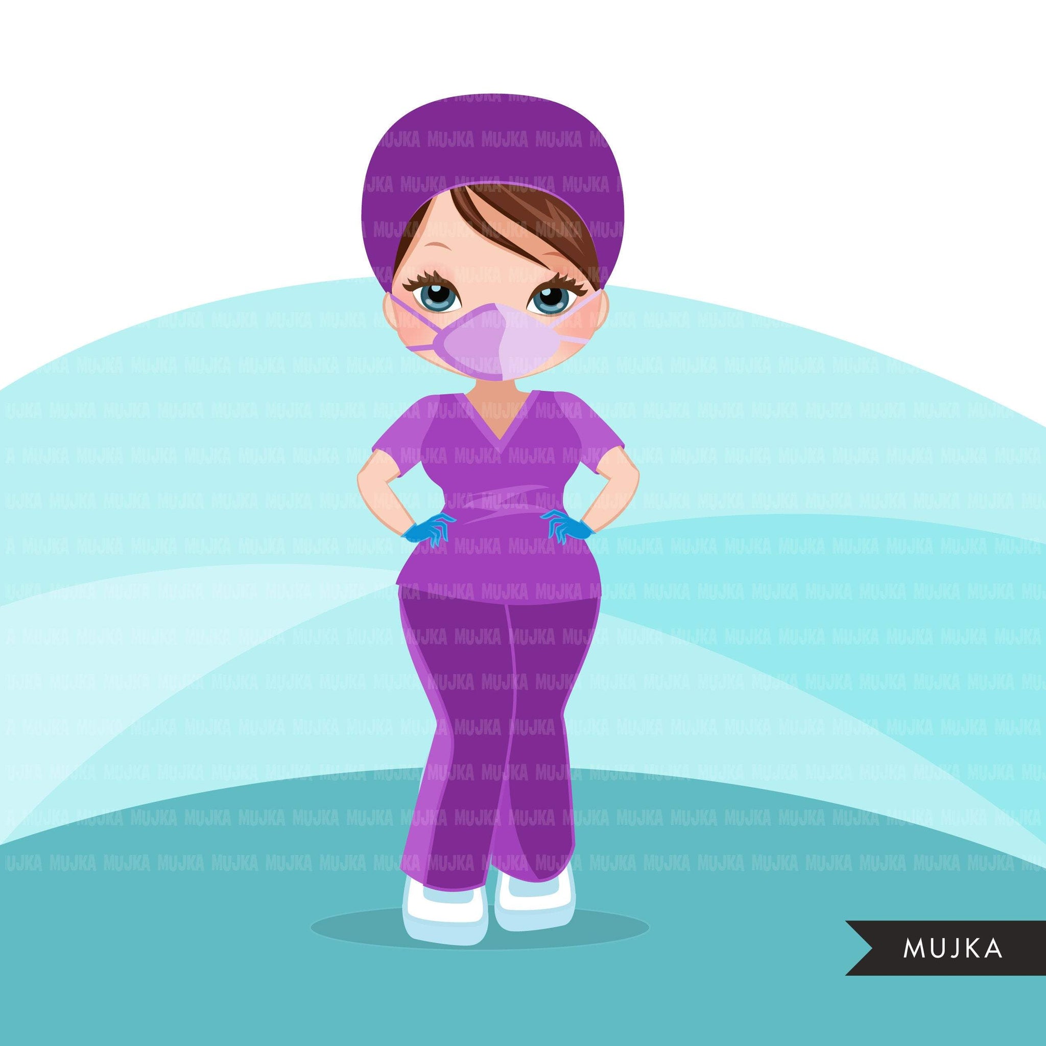 Nurse clipart with mask purple scrubs, hospital graphics, print and cut PNG digital Designs, Medical clip art