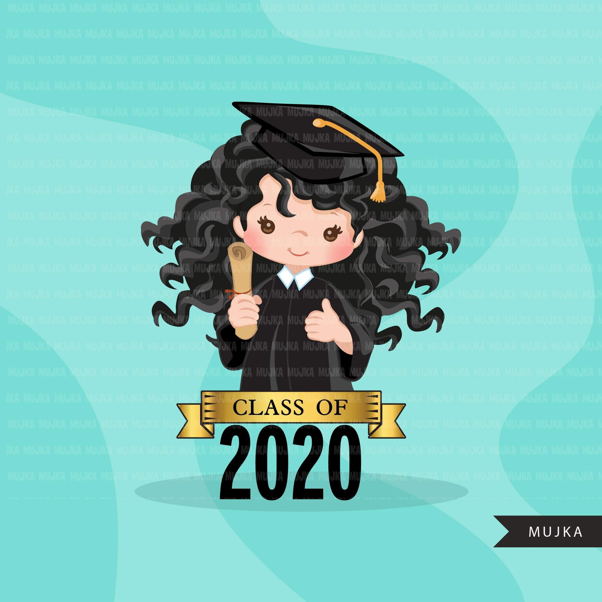 Graduation Clipart, 2020 graduate girls with cape and scroll, school, student class of 2020 gold banner graphics, PNG clip art