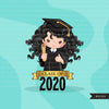 Graduation Clipart, 2020 graduate girls with cape and scroll, school, student class of 2020 gold banner graphics, PNG clip art