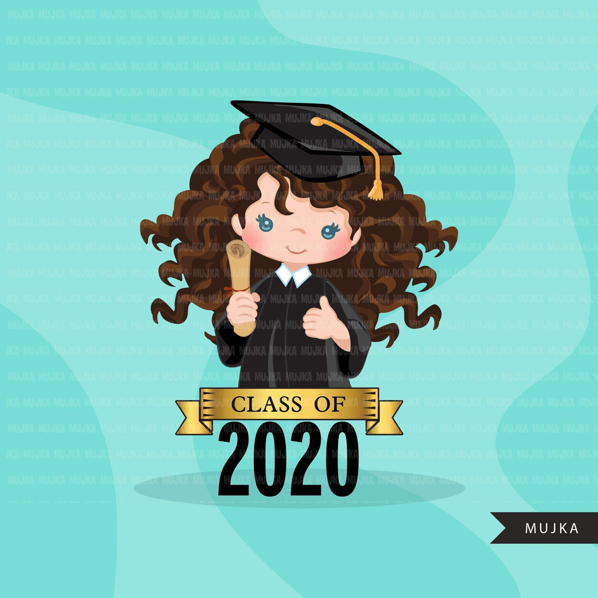 Graduation Clipart, 2020 graduate girls with cape and scroll, school, student class of 2020 gold banner graphics, PNG clip art