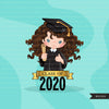 Graduation Clipart, 2020 graduate girls with cape and scroll, school, student class of 2020 gold banner graphics, PNG clip art