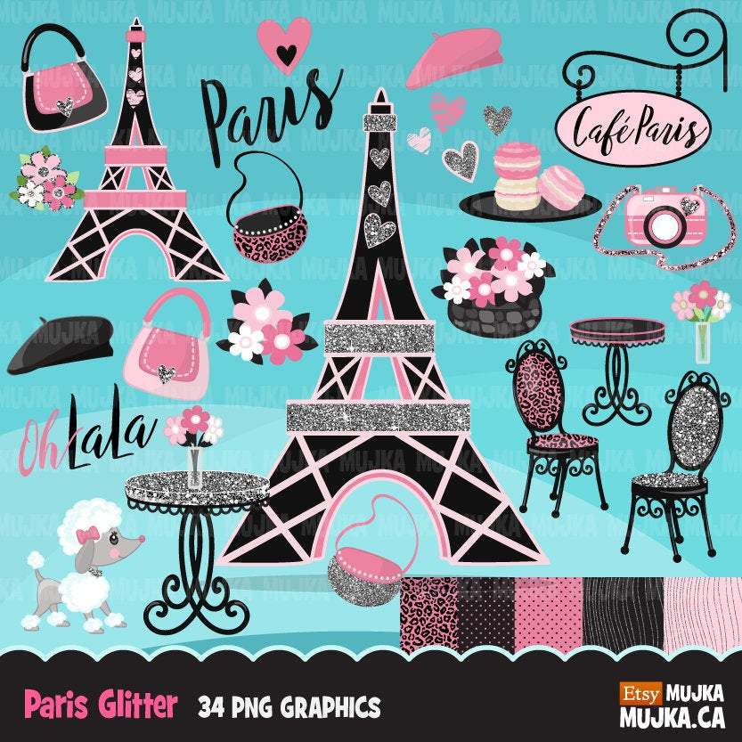 Paris Clipart Bundle, Glitter French Birthday party, poodle, tea party, eiifel tower png clip art, commercial use
