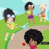 Water gun fight clipart, girls, black girls outdoors water balloon fight, summer birthday graphics, commercial use PNG clip art