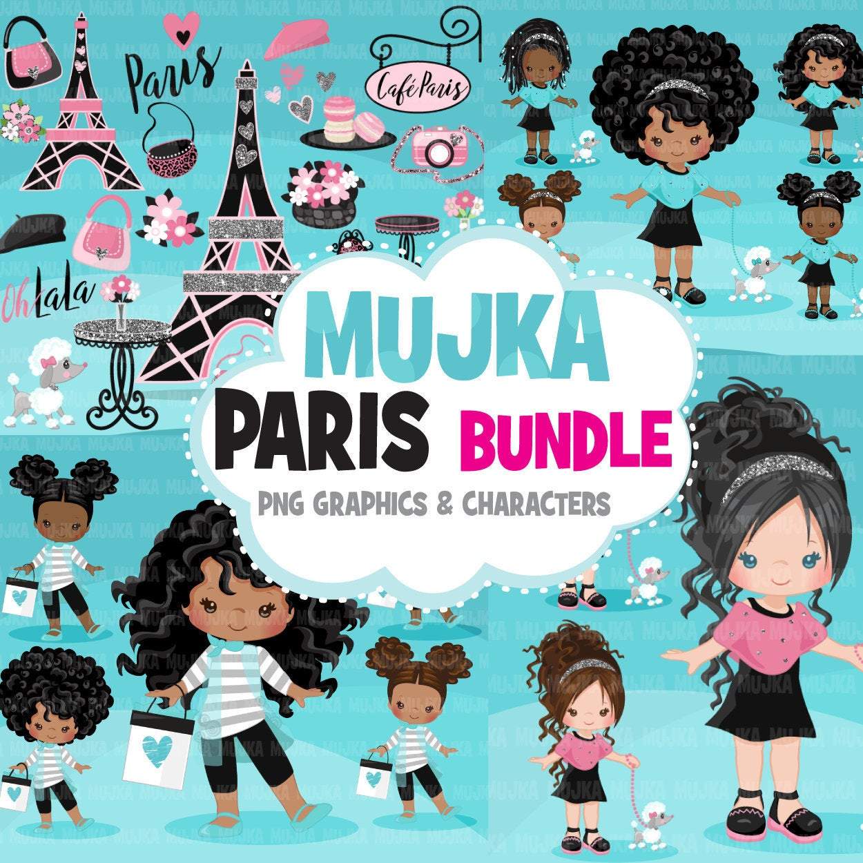 Paris Clipart Bundle, Glitter French Birthday party, poodle, tea party, eiifel tower png clip art, commercial use