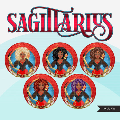 Zodiac Sagittarius Clipart, Png digital download, Sublimation Graphics for Cricut & Cameo, Black Afro Woman Horoscope sign designs