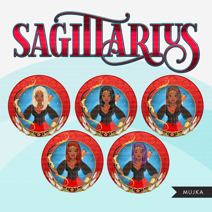 Zodiac Sagittarius Clipart, Png digital download, Sublimation Graphics for Cricut & Cameo, Black straight hair Woman Horoscope sign designs