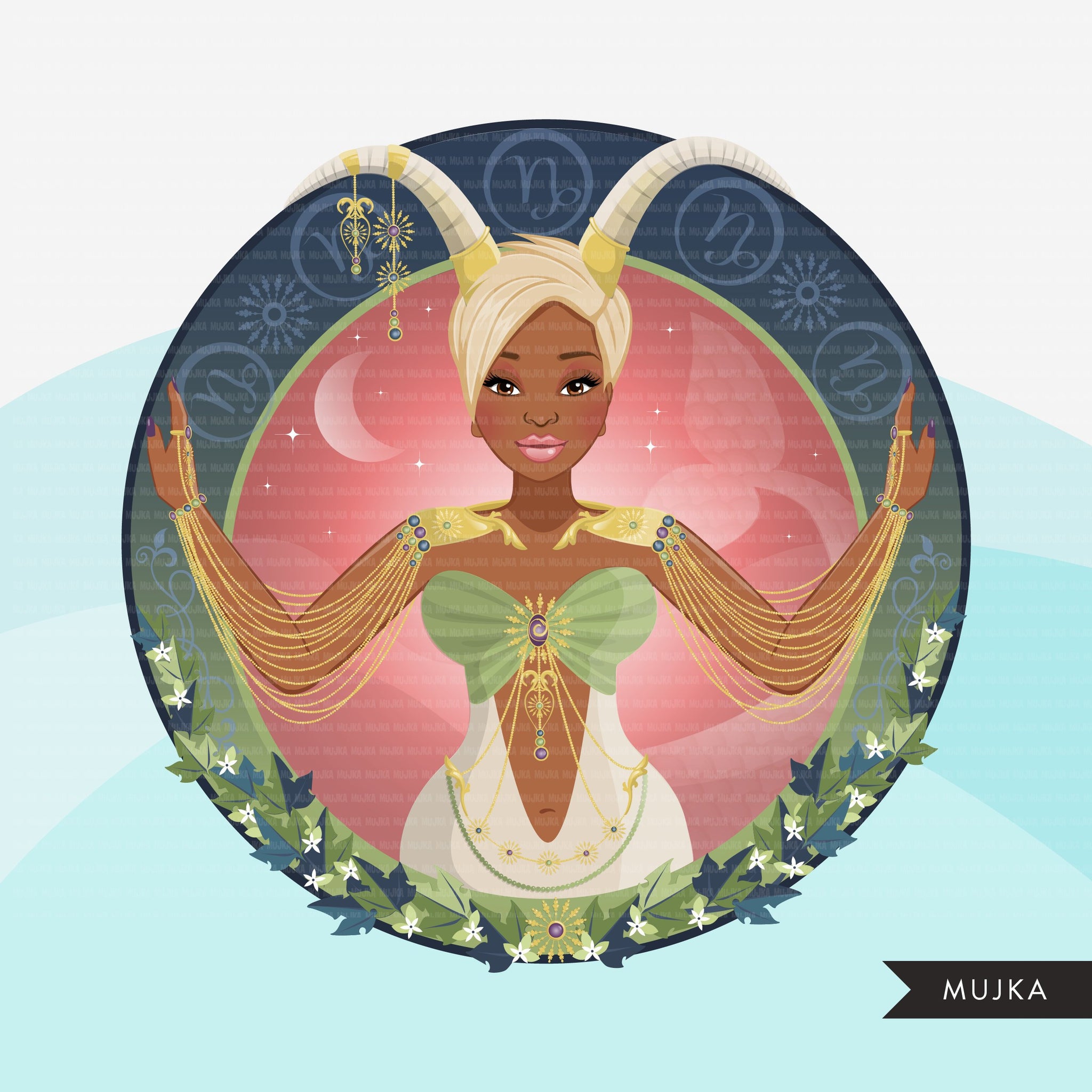 Zodiac Capricorn Clipart, Png digital download, Sublimation Graphics for Cricut & Cameo, Black pixie hair Woman Horoscope sign designs