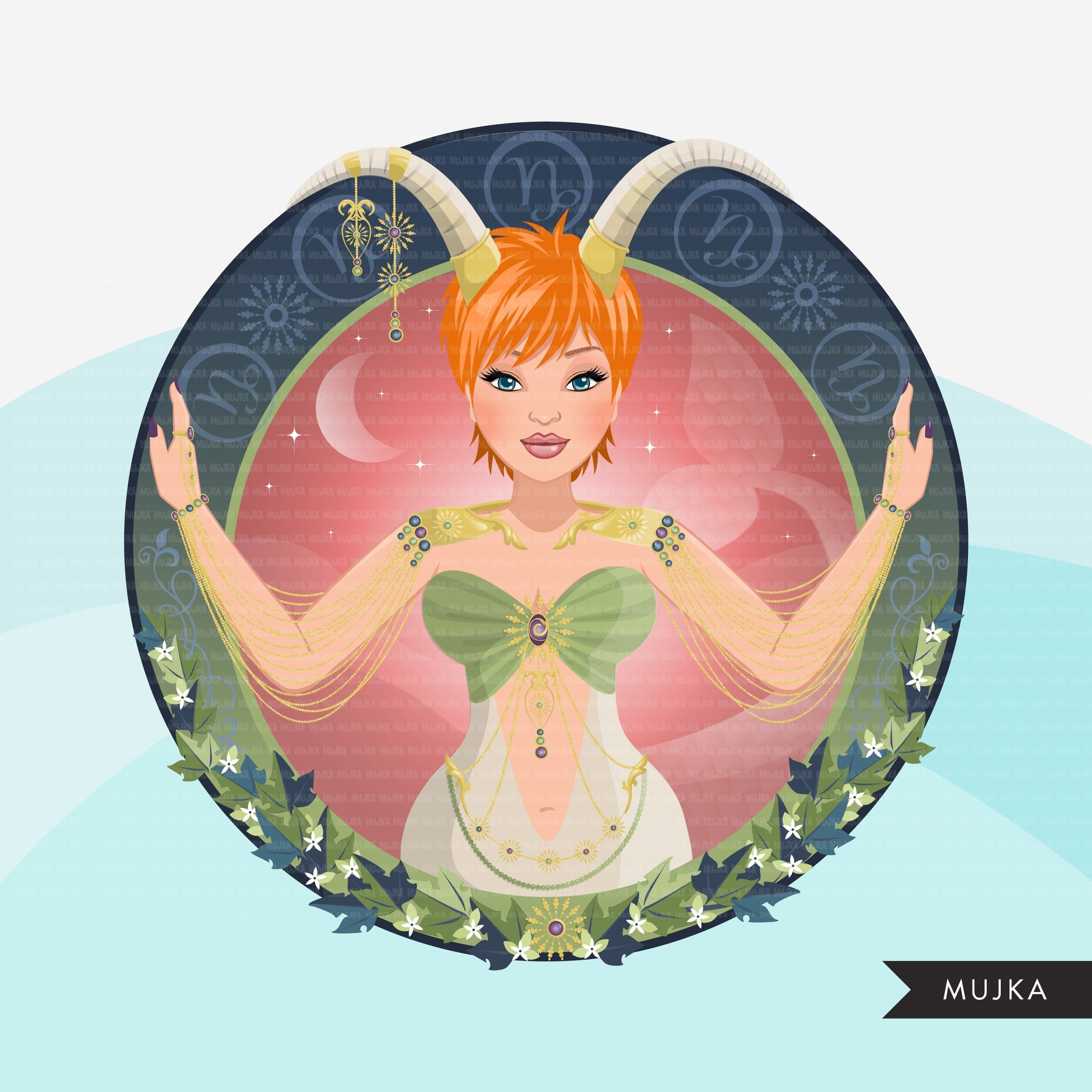 Zodiac Capricorn Clipart, Png digital download, Sublimation Graphics for Cricut & Cameo, Caucasian Woman pixie hair Horoscope sign designs