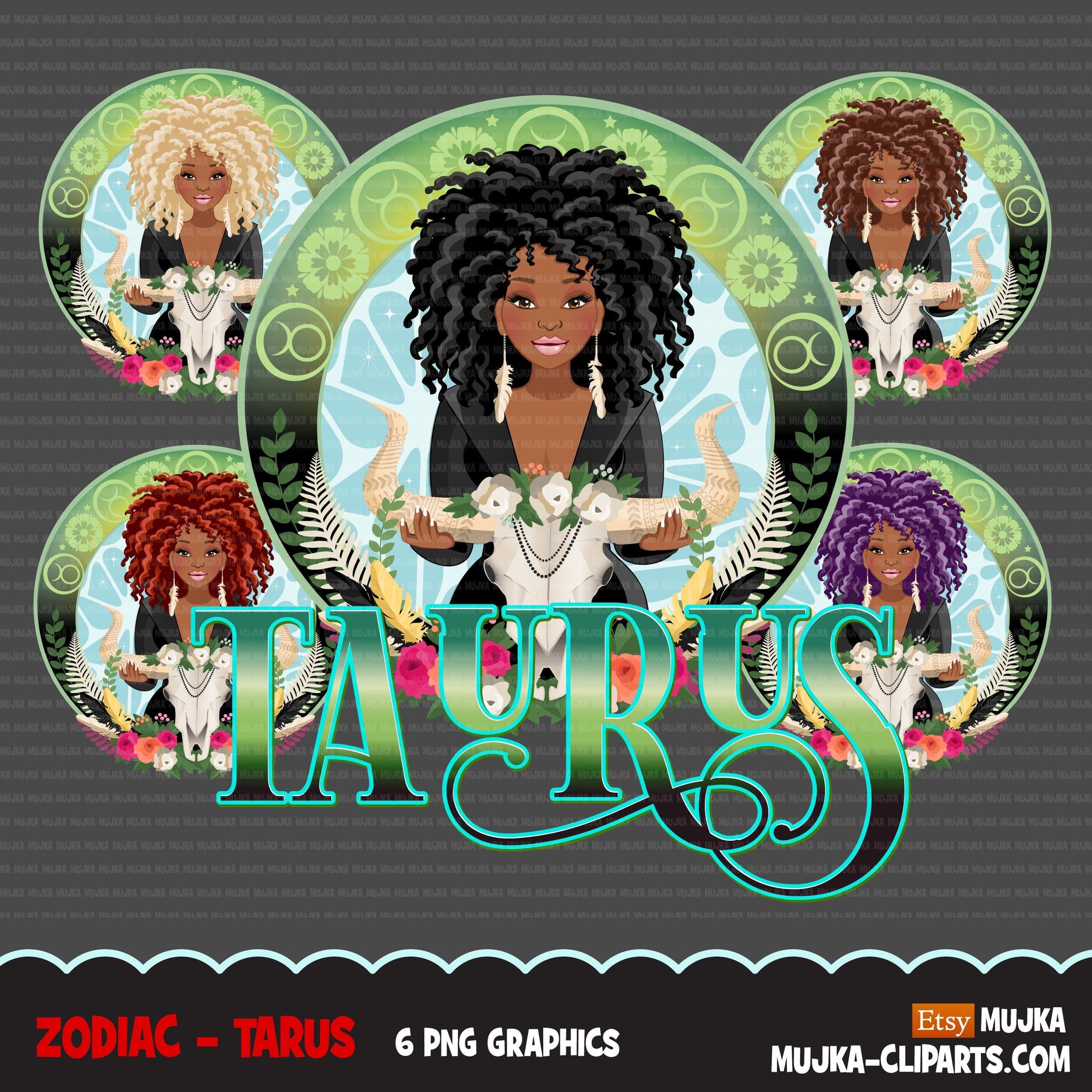 Zodiac Taurus Clipart, Png digital download, Sublimation Graphics for Cricut & Cameo, Black Curly hair Woman Horoscope sign designs