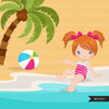 Beach Fun Clipart for Girls, Summer Swimsuit Graphics, surf board, beach ball, sublimation Png digital clip art