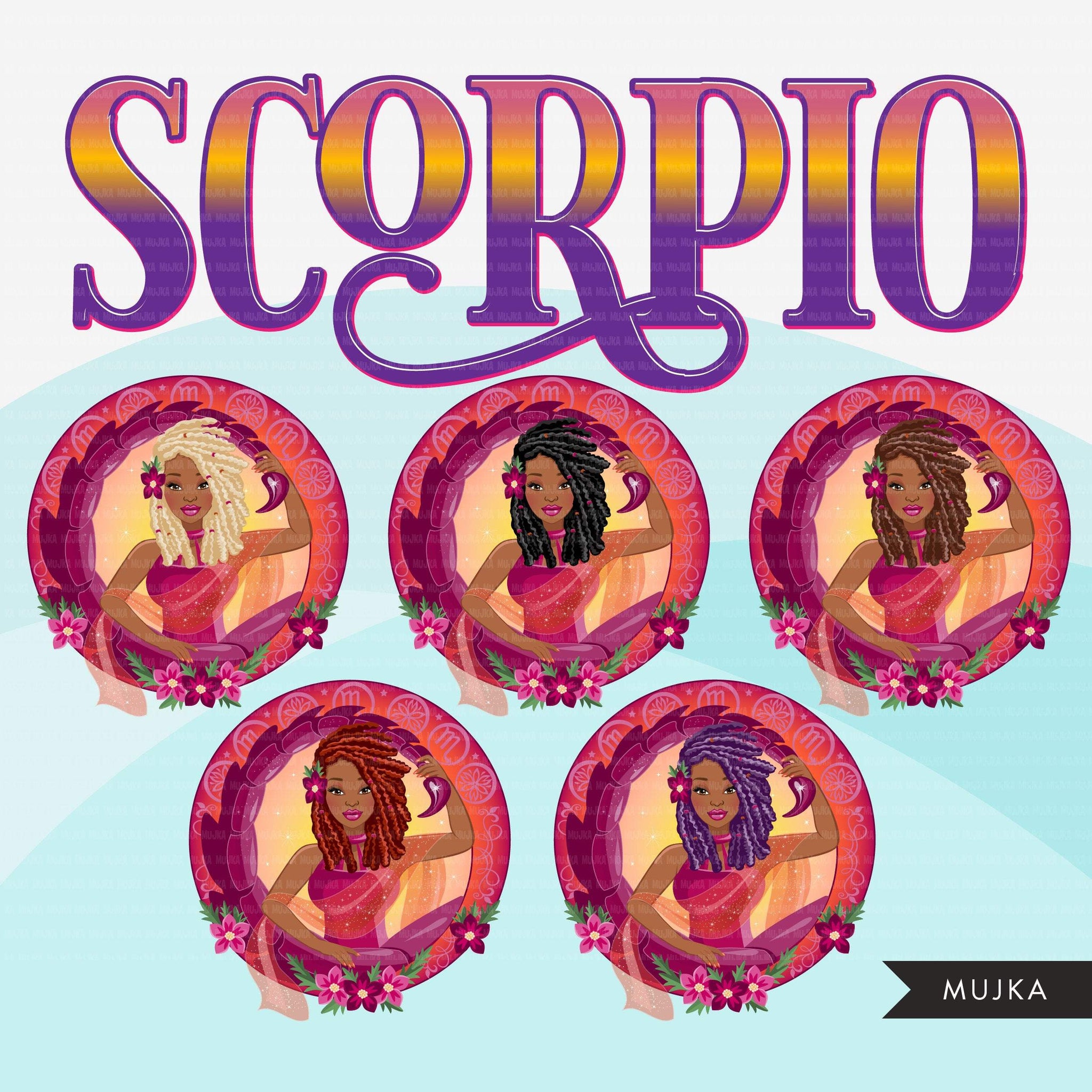 Zodiac Scorpio Clipart, Png digital download, Sublimation Graphics for Cricut & Cameo, Black long braided hair Woman Horoscope sign designs