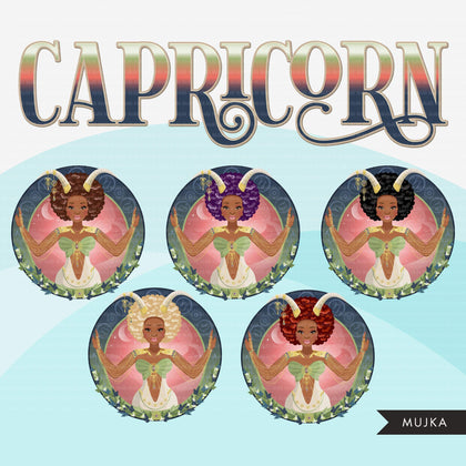 Zodiac Capricorn Clipart, Png digital download, Sublimation Graphics for Cricut & Cameo, Black Afro Woman Horoscope sign designs