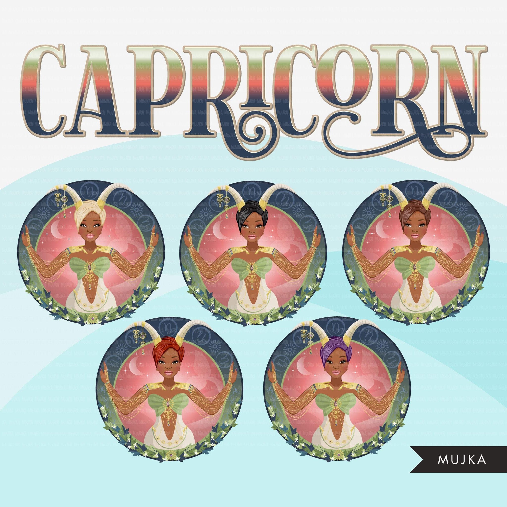 Zodiac Capricorn Clipart, Png digital download, Sublimation Graphics for Cricut & Cameo, Black pixie hair Woman Horoscope sign designs