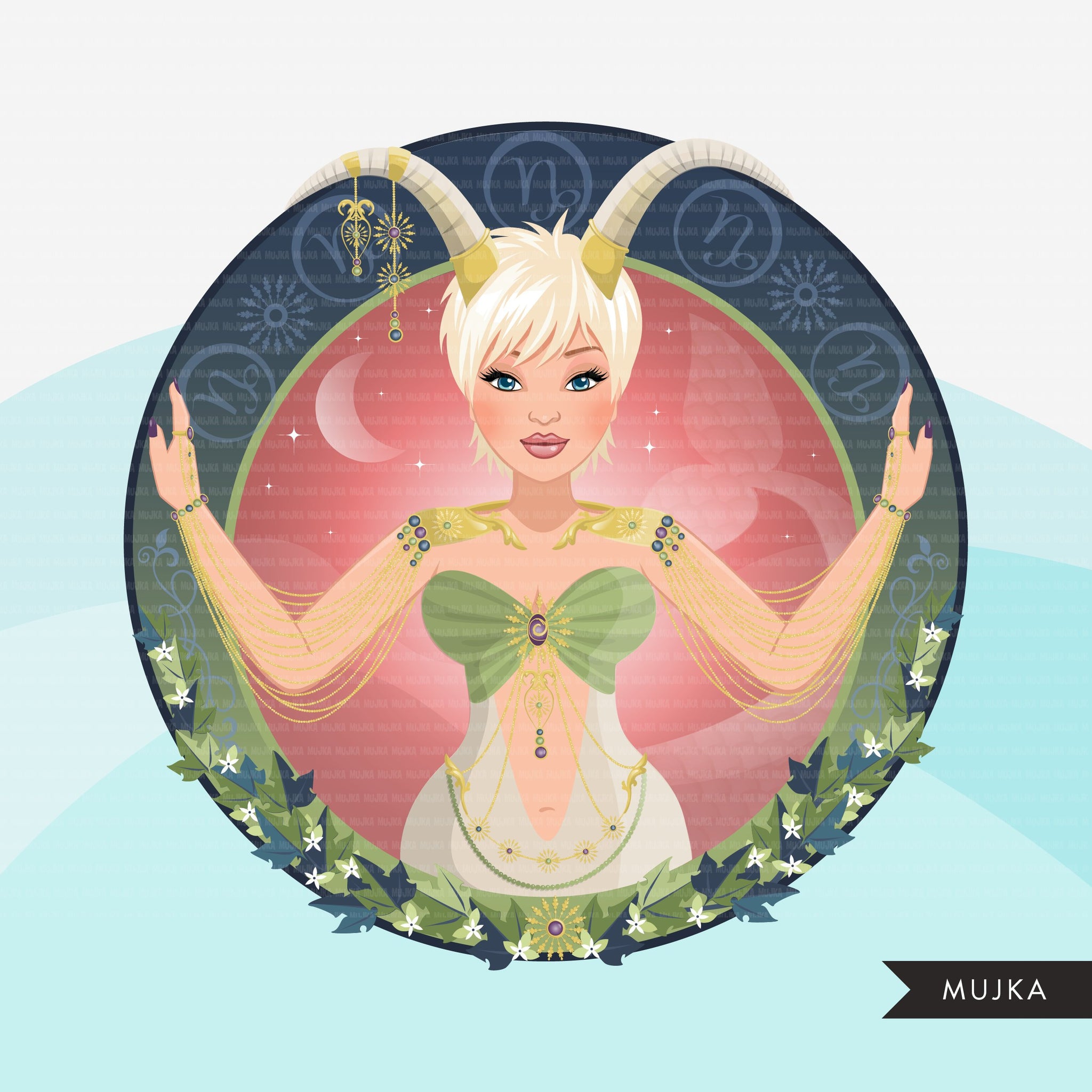 Zodiac Capricorn Clipart, Png digital download, Sublimation Graphics for Cricut & Cameo, Caucasian Woman pixie hair Horoscope sign designs