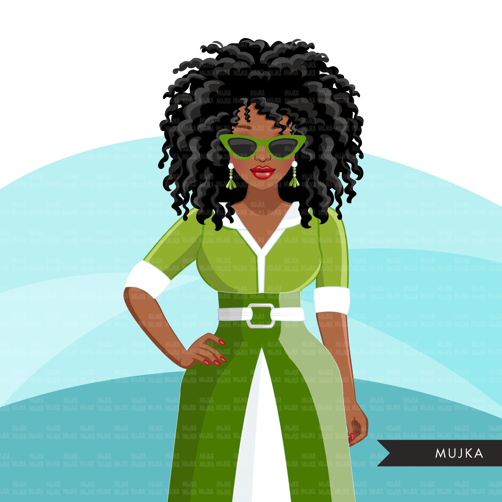 Fashion Clipart, Black woman graphics, green dress, sisters, friends, sisterhood Sublimation designs for Cricut & Cameo, commercial use PNG