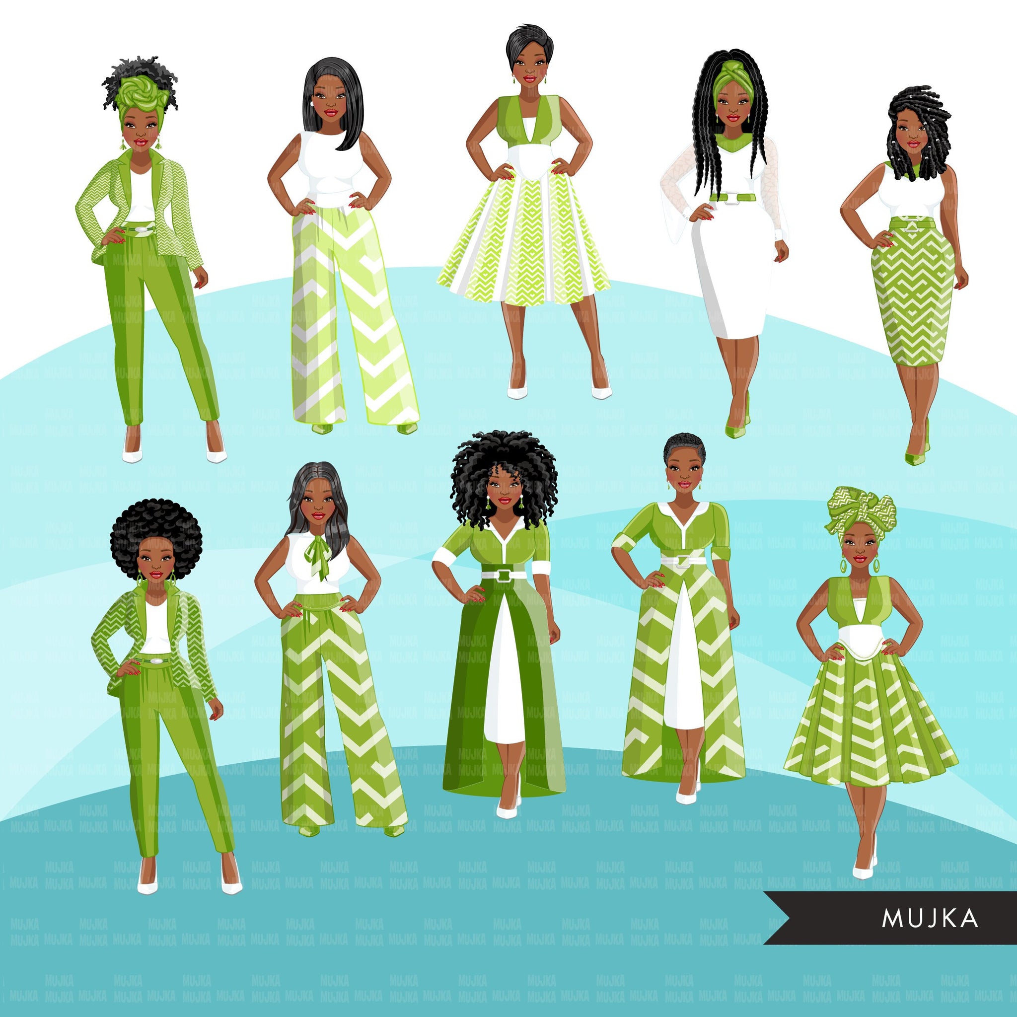 Fashion Clipart, Black woman graphics, green dress, sisters, friends, sisterhood Sublimation designs for Cricut & Cameo, commercial use PNG