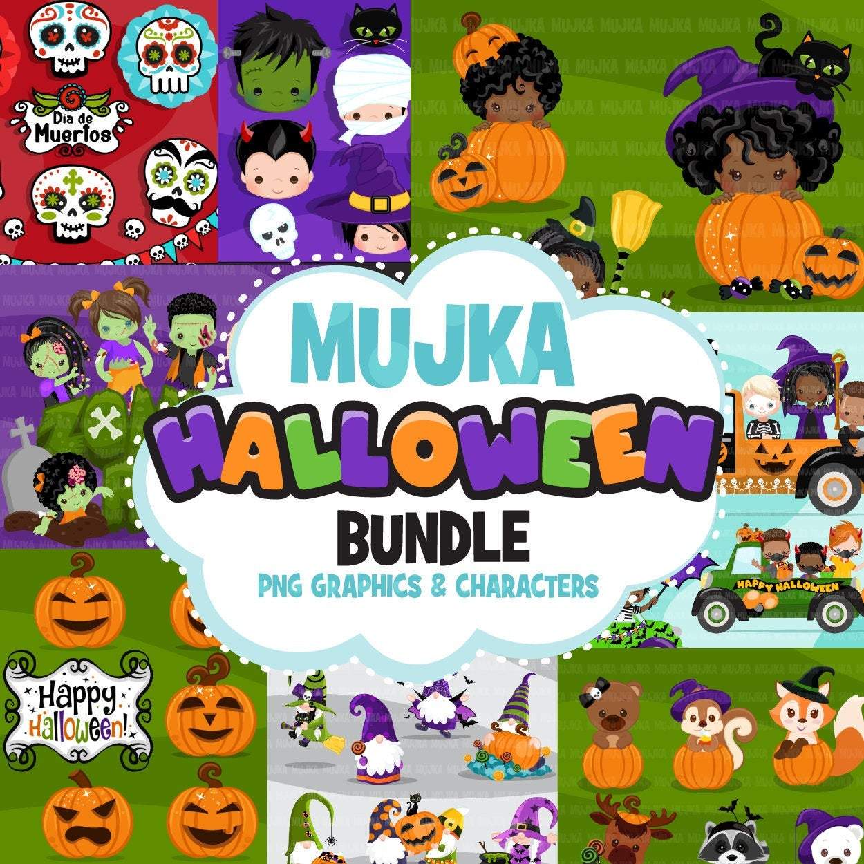 Halloween Clipart Bundle, Pumpkins, witches, Halloween baby, Halloween party boys & girls clip art commercial use PNG graphics