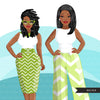 Fashion Clipart, Black woman graphics, green dress, sisters, friends, sisterhood Sublimation designs for Cricut & Cameo, commercial use PNG