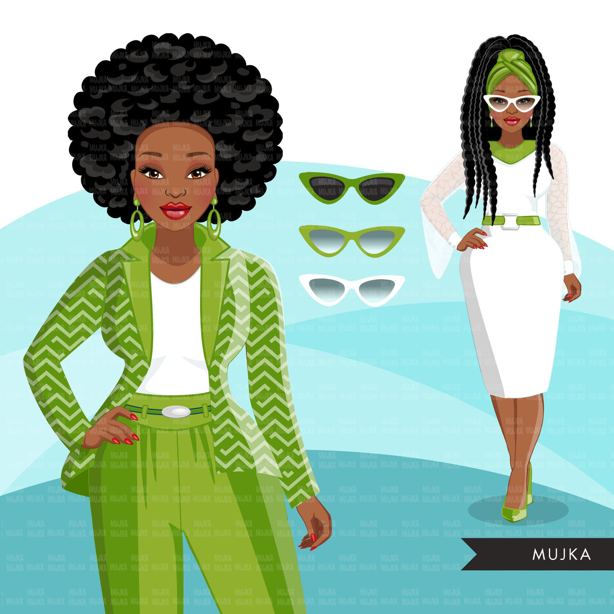 Fashion Clipart, Black Woman Graphics, Green Dress, Sisters, Friends 