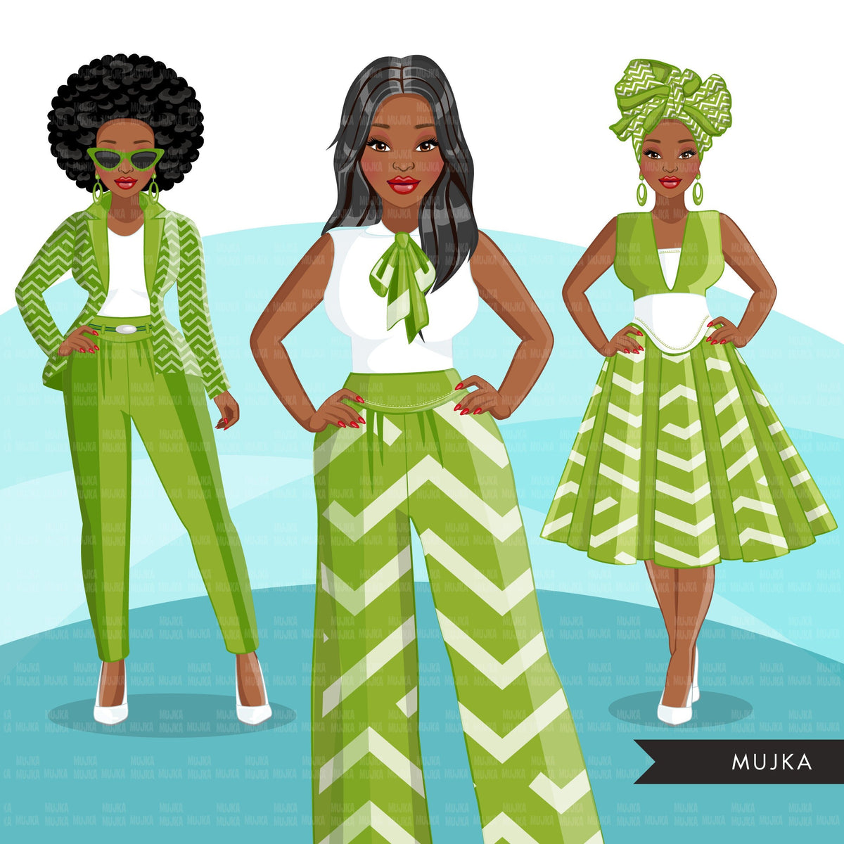 Fashion Clipart, Black Woman Graphics, Green Dress, Sisters, Friends 