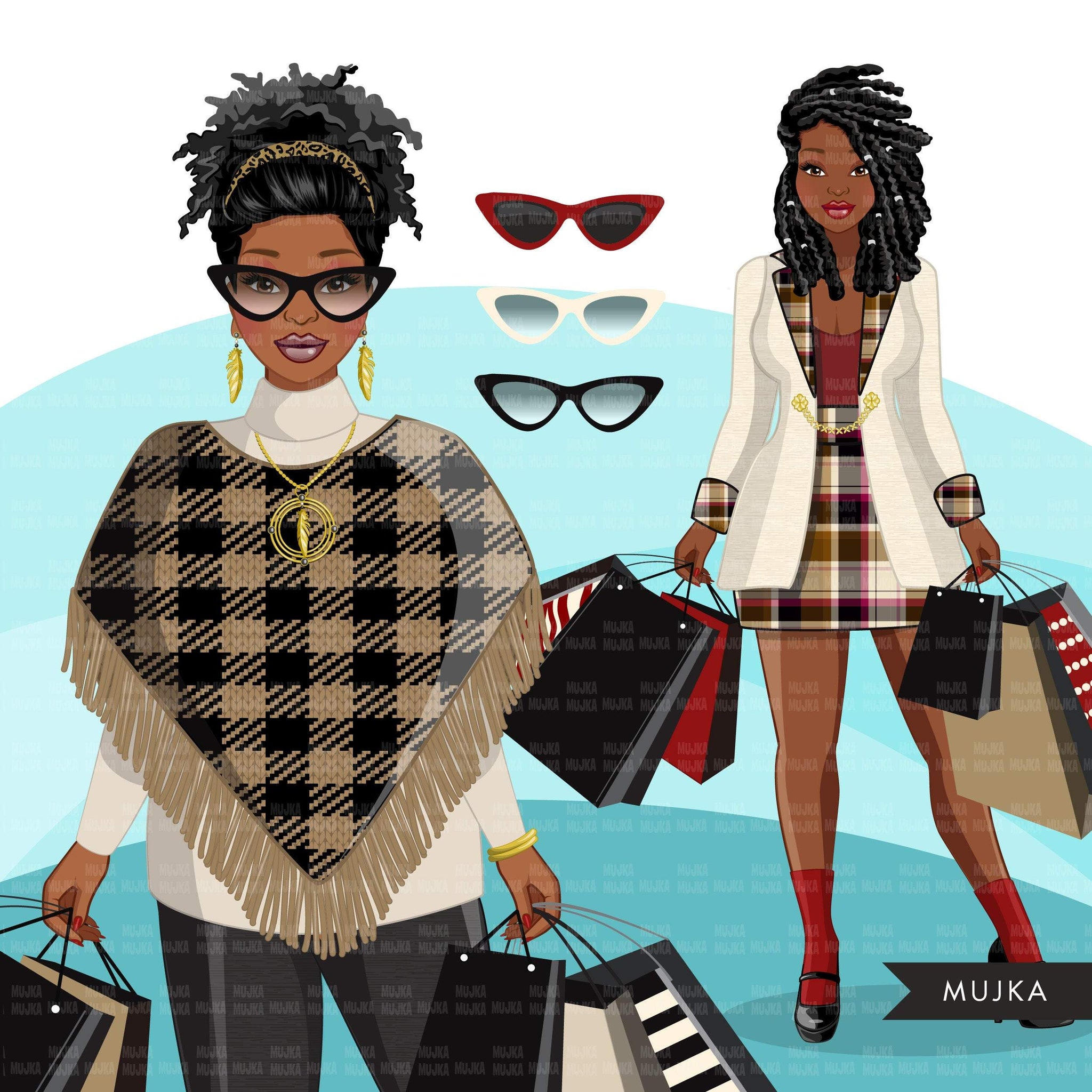 Fall Fashion Graphics, Black Woman shopping, afro woman, sisters, friends Sublimation designs for Cricut & Cameo, commercial use PNG clipart