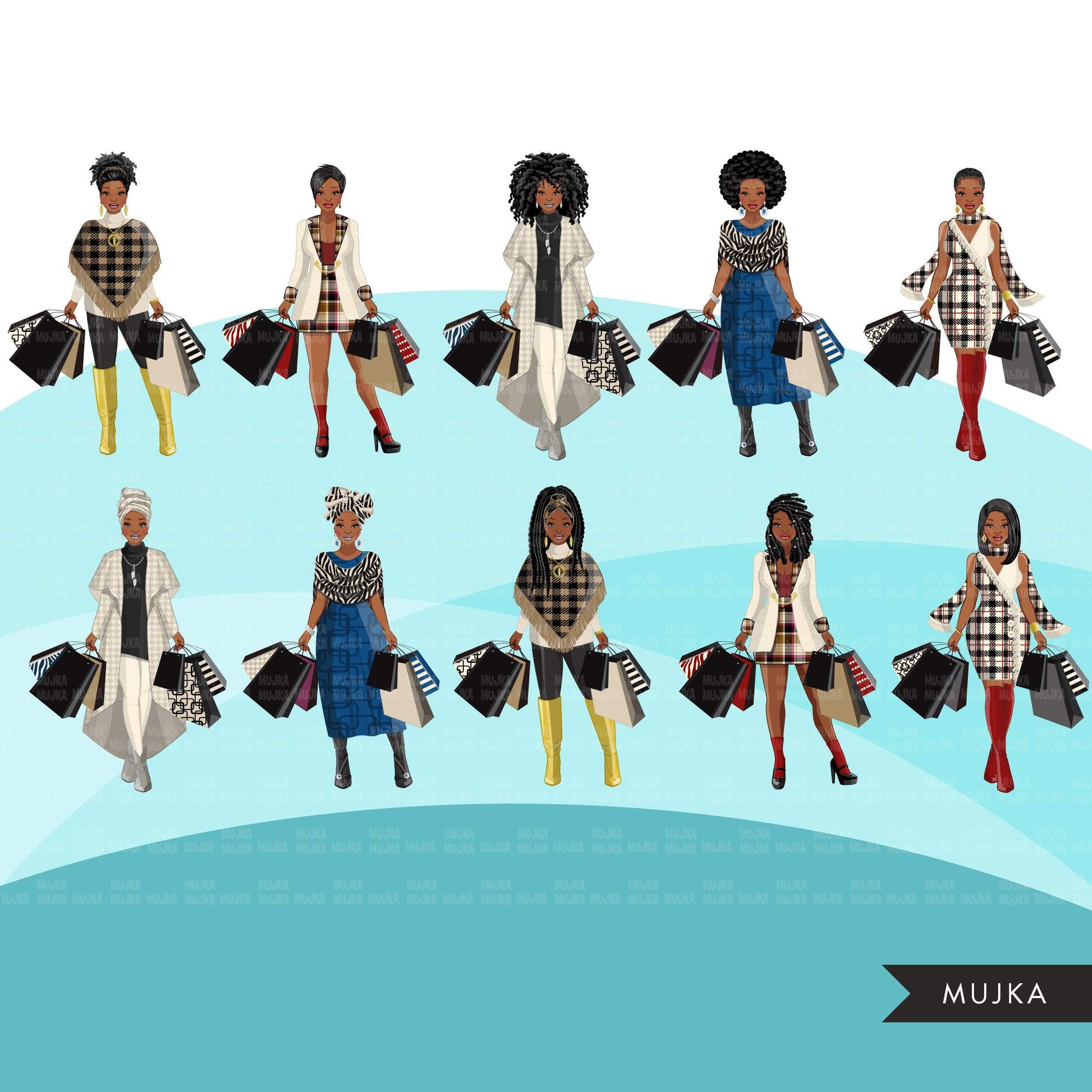 Fall Fashion Graphics, Black Woman shopping, afro woman, sisters, friends Sublimation designs for Cricut & Cameo, commercial use PNG clipart