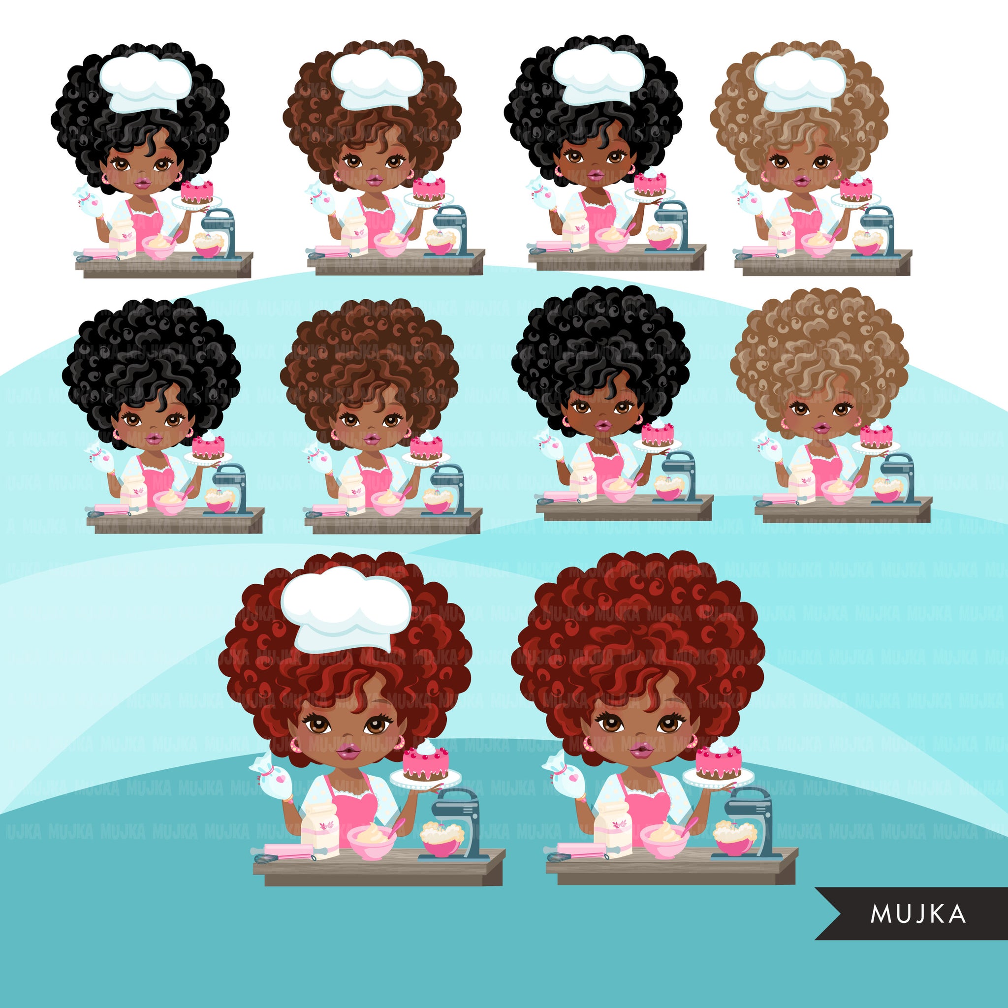 Afro Black Woman baker avatar clipart with baking supplies, print and cut, baking black girl clip art