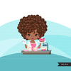 Afro Black Woman baker avatar clipart with baking supplies, print and cut, baking black girl clip art