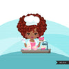 Afro Black Woman baker avatar clipart with baking supplies, print and cut, baking black girl clip art