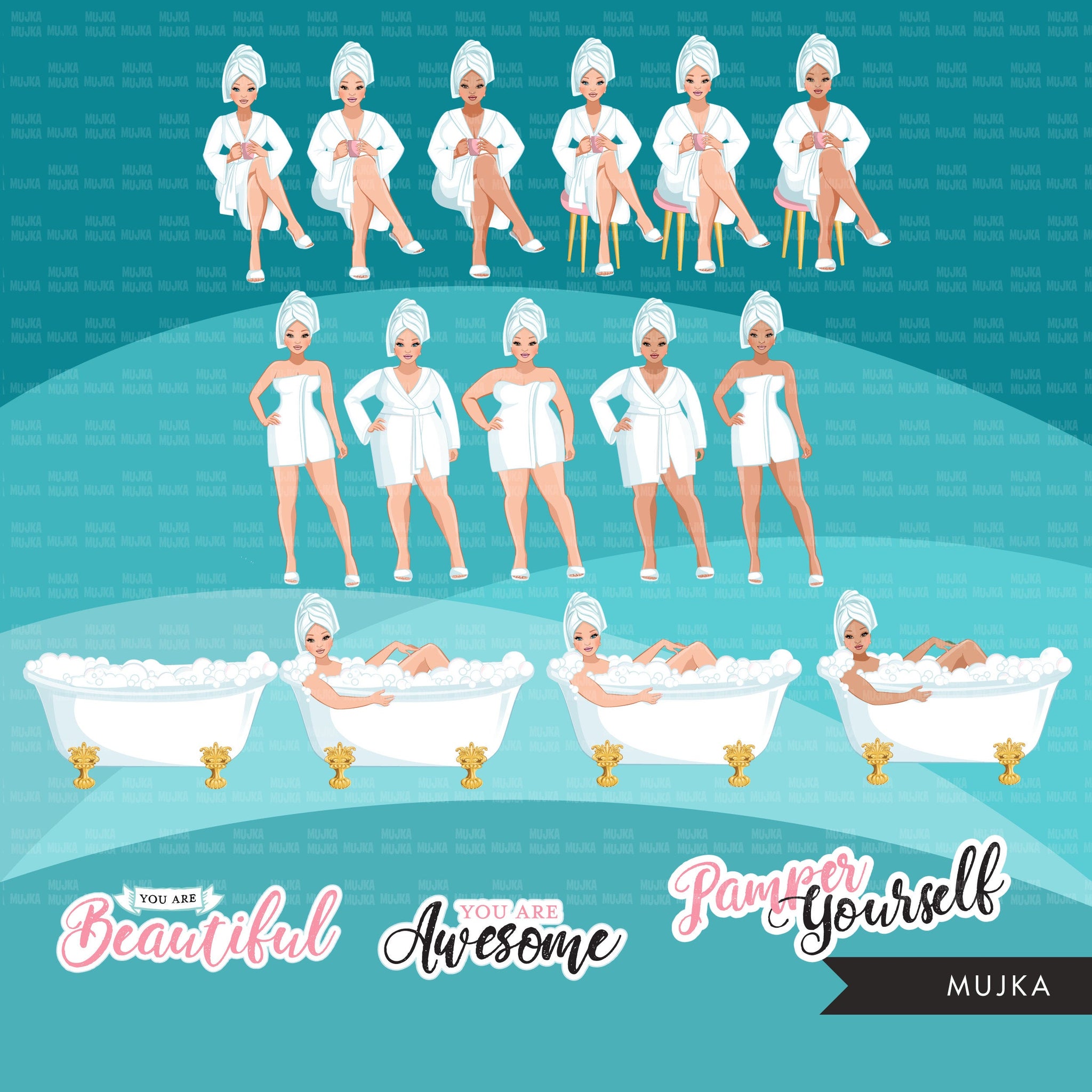 Spa Clipart, bath, self care graphics, spa fashion woman, sisters, friends, Sublimation designs for Cricut & Cameo, commercial use PNG