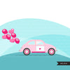 Drive-by Valentine's Day Party parade clipart, quarantine party, drive thru party truck, hearts, valentine gifts PNG clip art