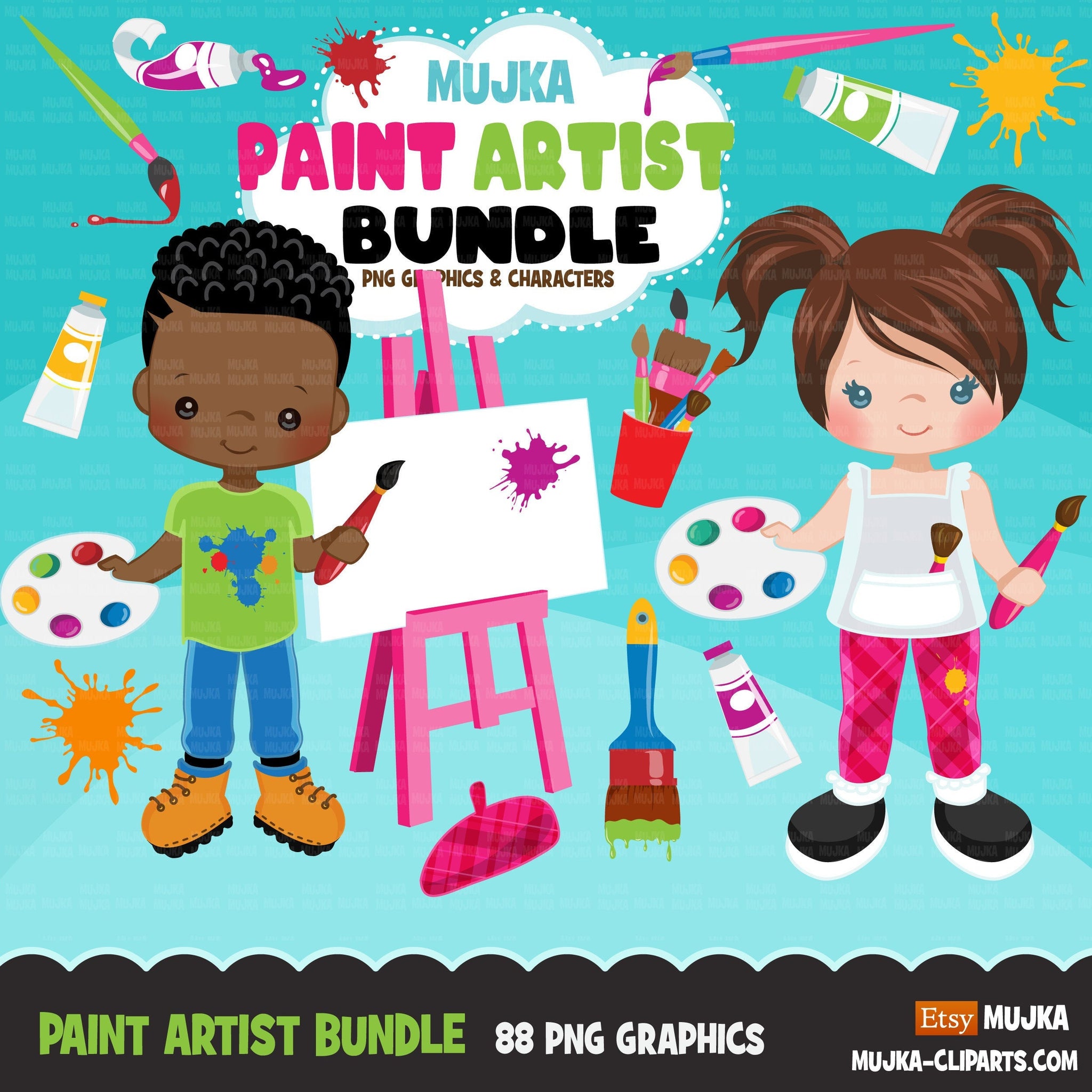 Artist clipart bundle, painter boys and Girls, art party, png afro girl clip art