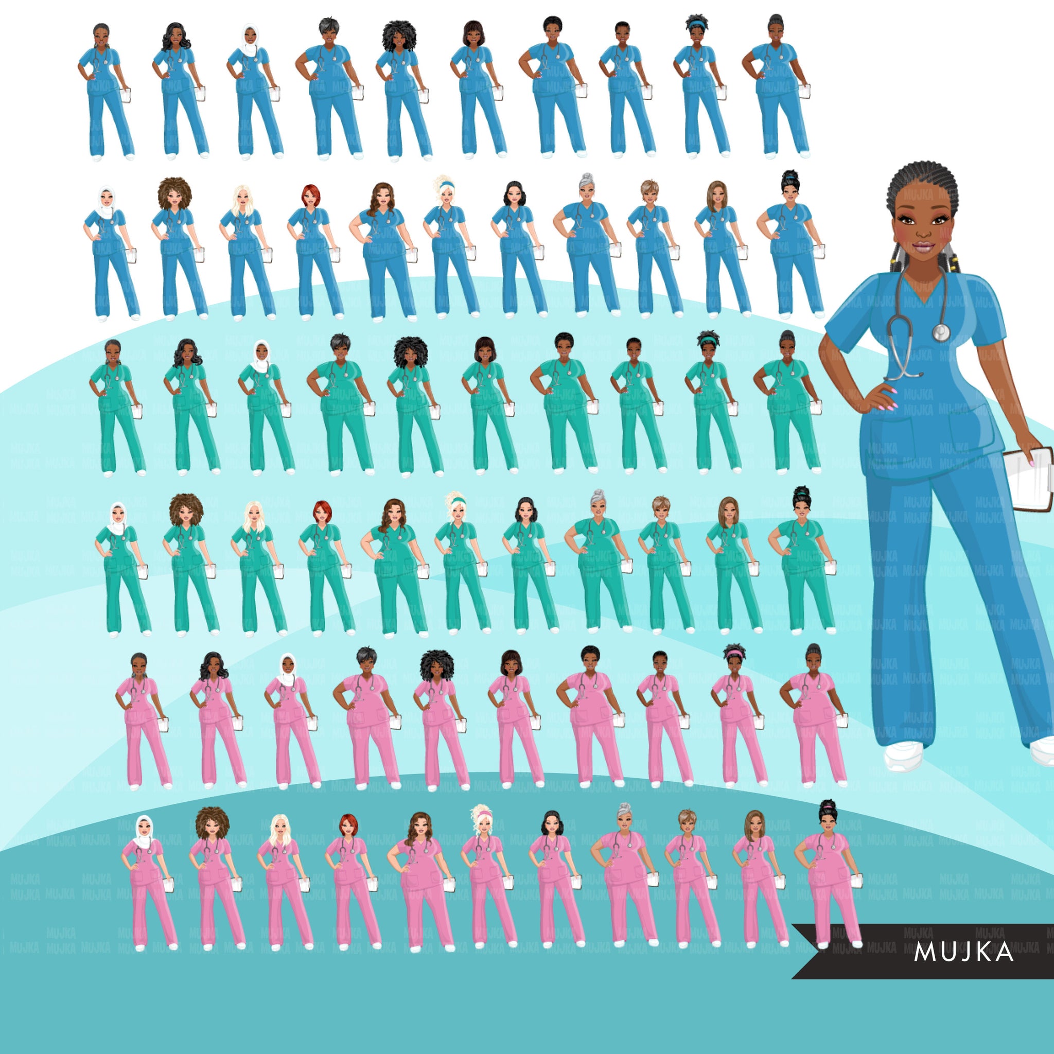 Enfermera clipart BUNDLE, Nurse Life, Nurse Mom, trabajadores médicos, amigos, enfermera negra musulmana, imágenes prediseñadas de sublimación, uso comercial PNG