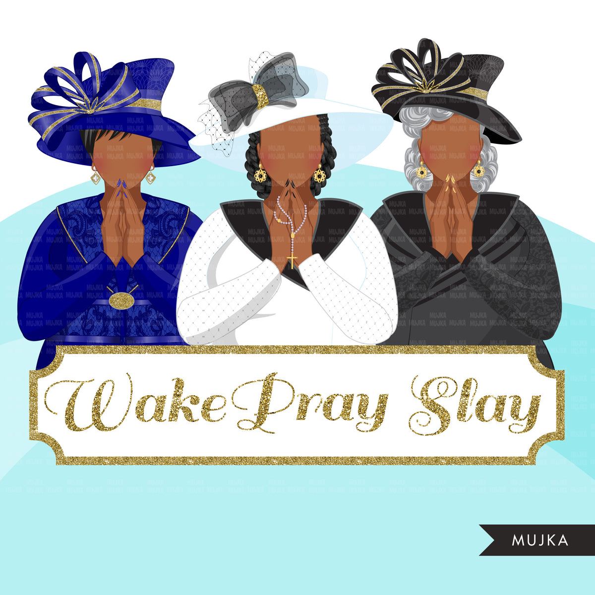 Church ladies clipart, 3 praying sisters sublimation designs, black cu