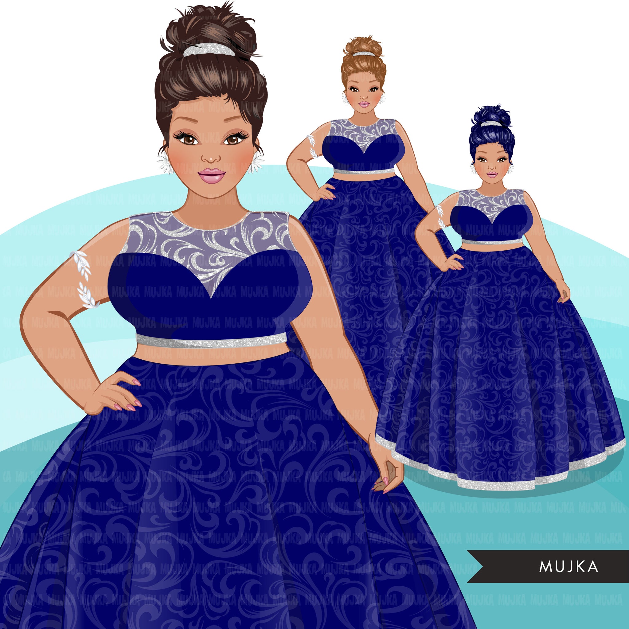 Fashion Clipart, blue dress, woman messy bun, sisters, curvy friends, sisterhood Sublimation designs digital download for Cricut