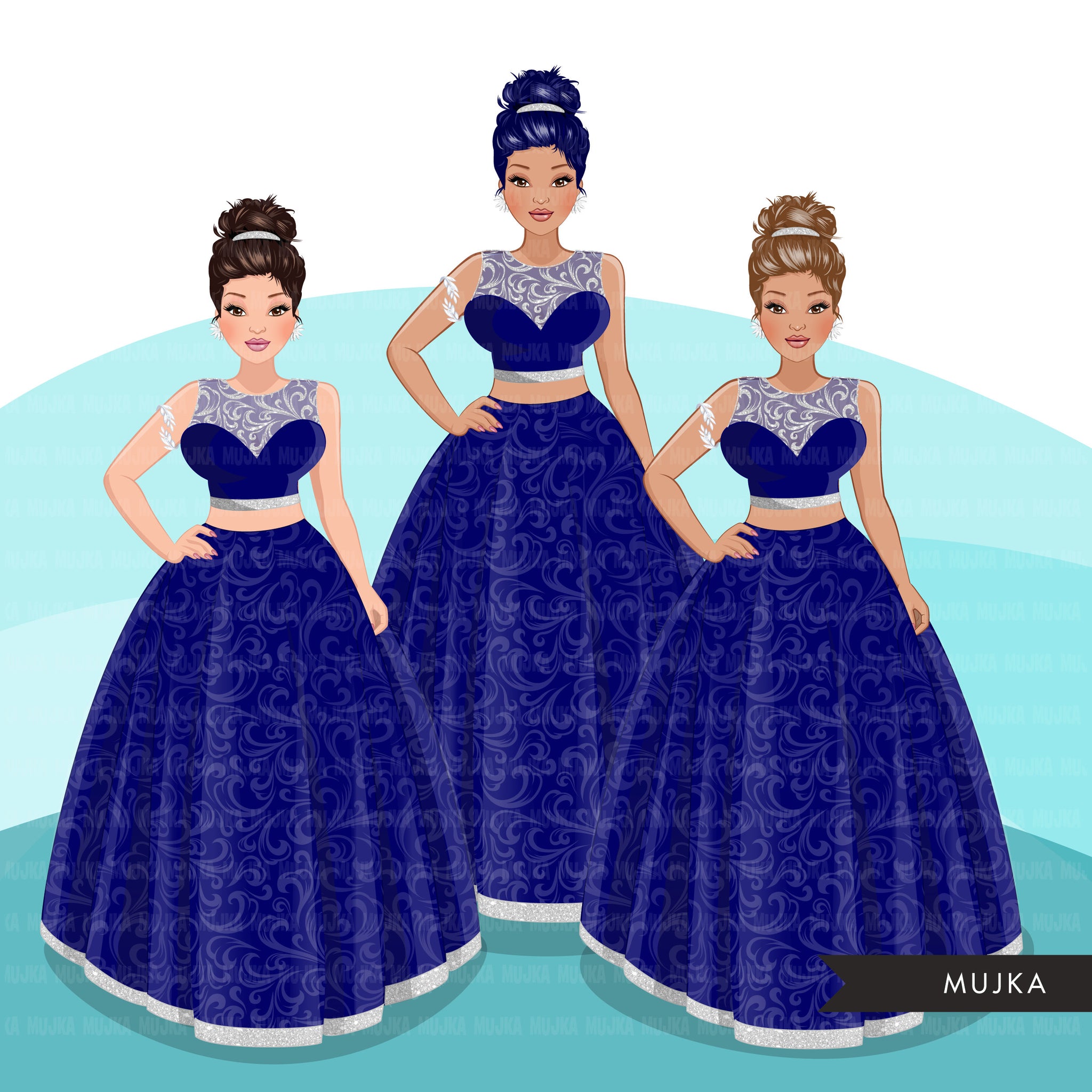Fashion Clipart, blue dress, woman messy bun, sisters, curvy friends, sisterhood Sublimation designs digital download for Cricut