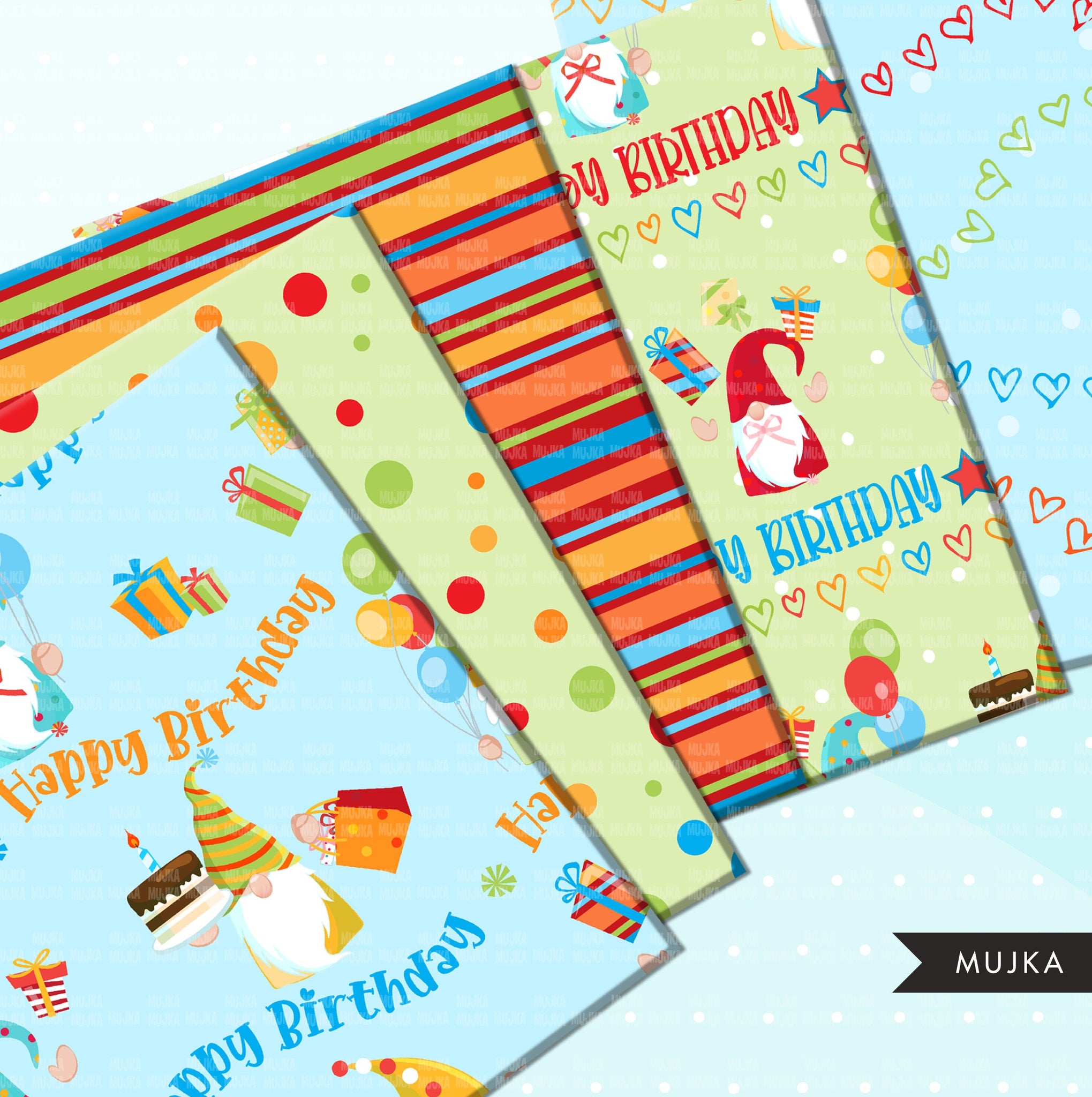 Gnomes Birthday Digital papers, seamless pattern, digital paper pack, printable pattern, digital background, birthday party papers
