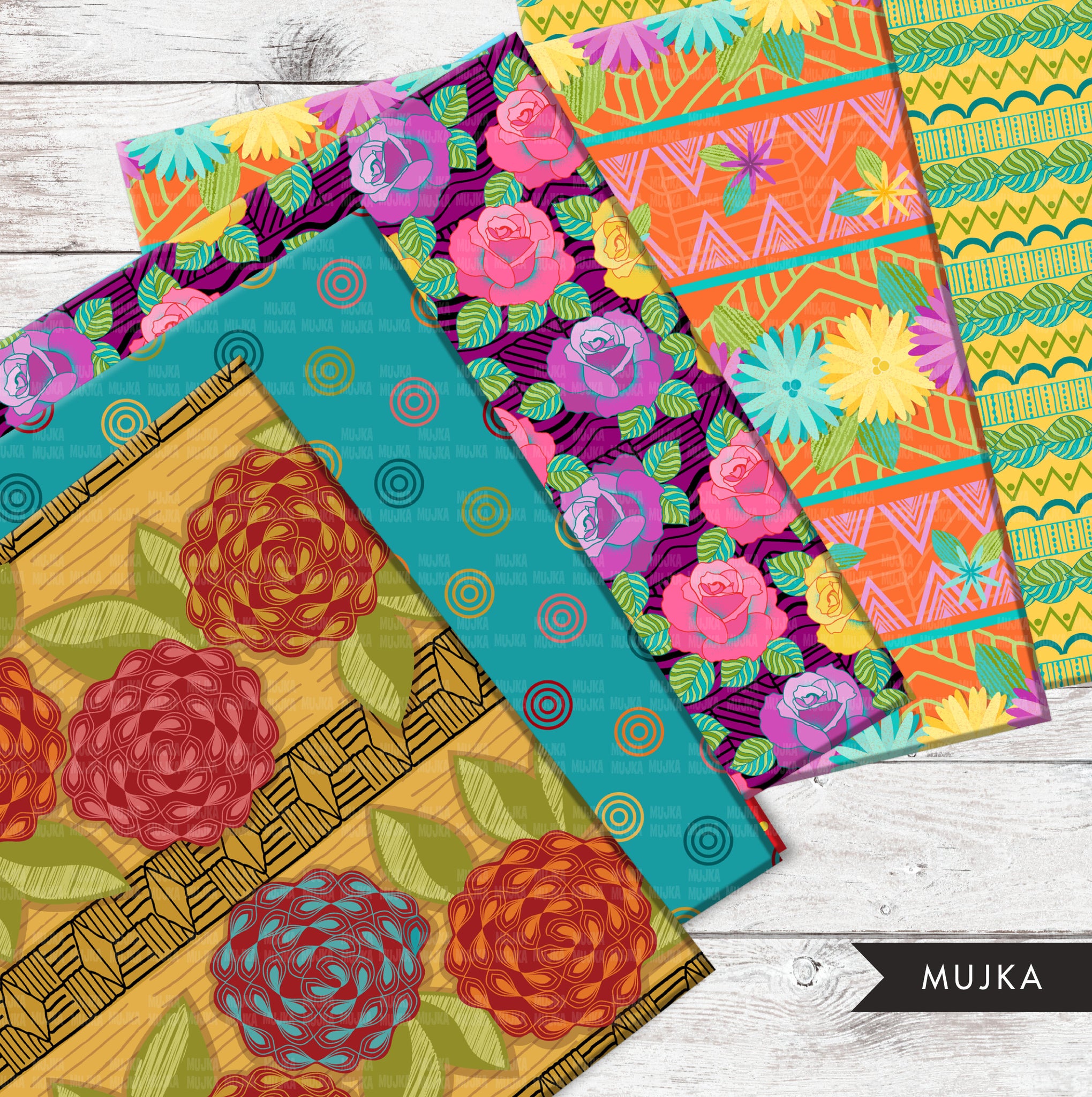 African digital papers, African patterns, Ankara Kente wax patterns, seamless digital patterns, floral texture, tribal backgrounds