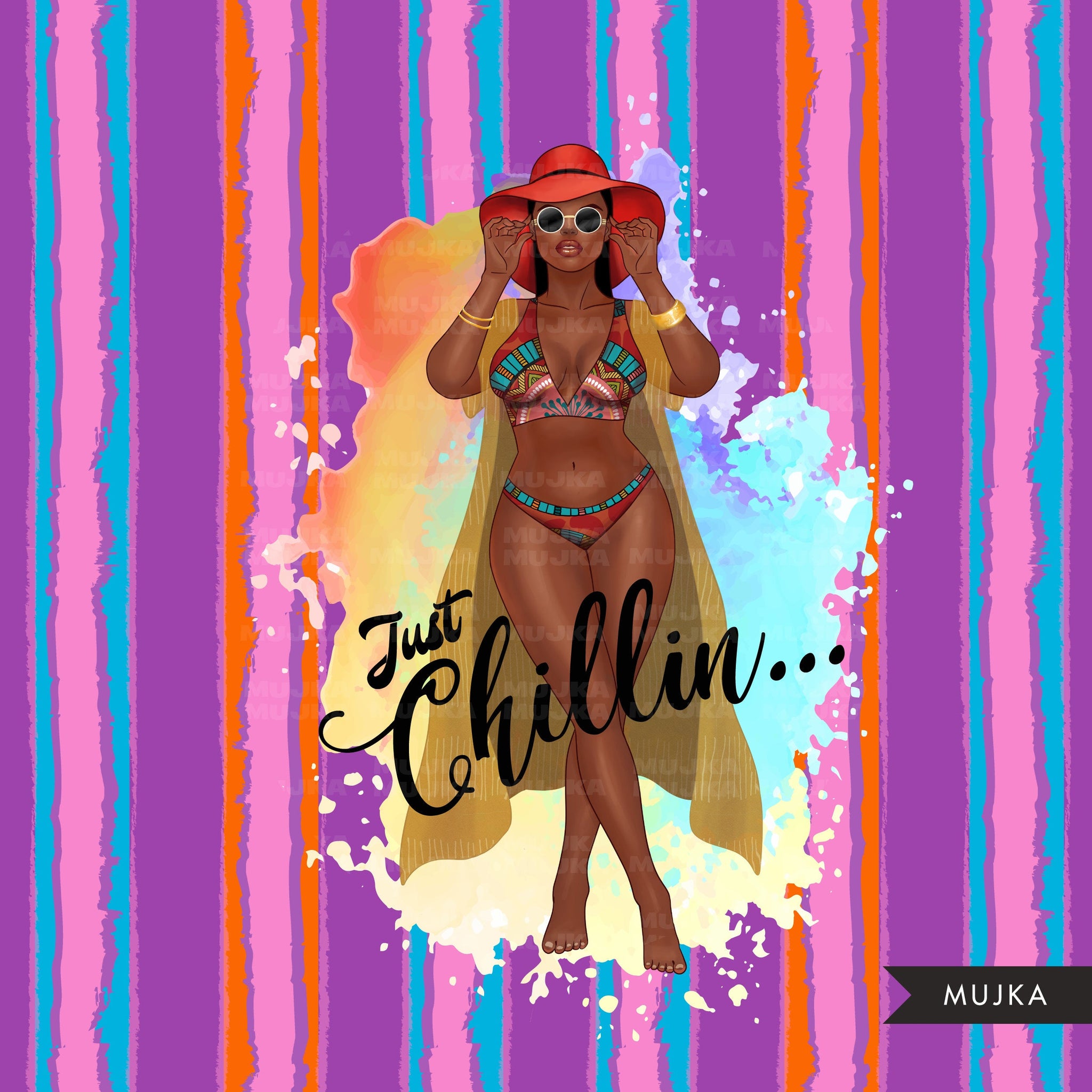 Summer Vibes PNG, Just chillin Fashion Sublimation designs, Summer clipart, vacation digital papers, Beach Girls, black woman clipart