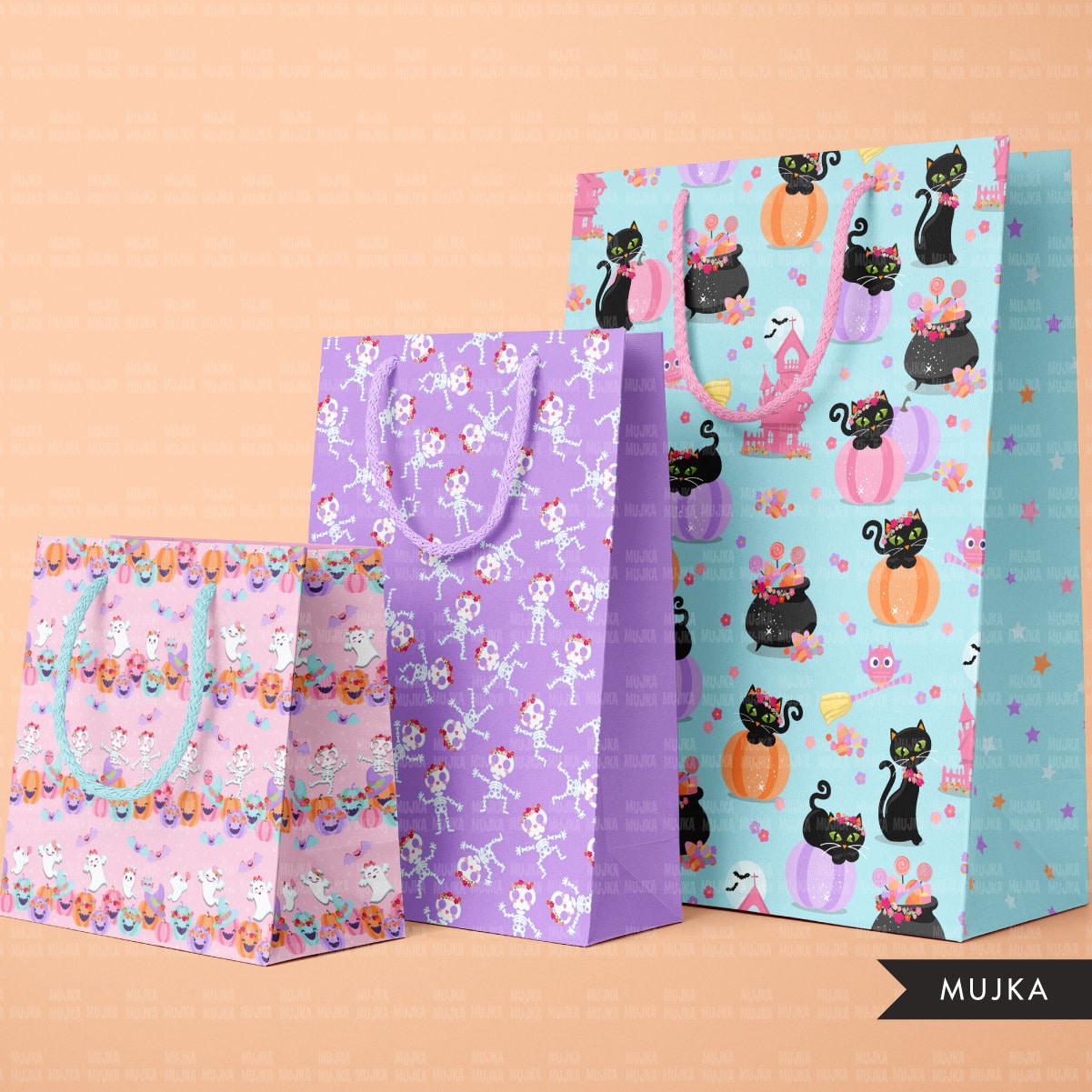 Cute Halloween Digital Papers, Pink Halloween Seamless Patterns, pink pumpkins, halloween baby shower backdrop, Pastel Halloween PNG