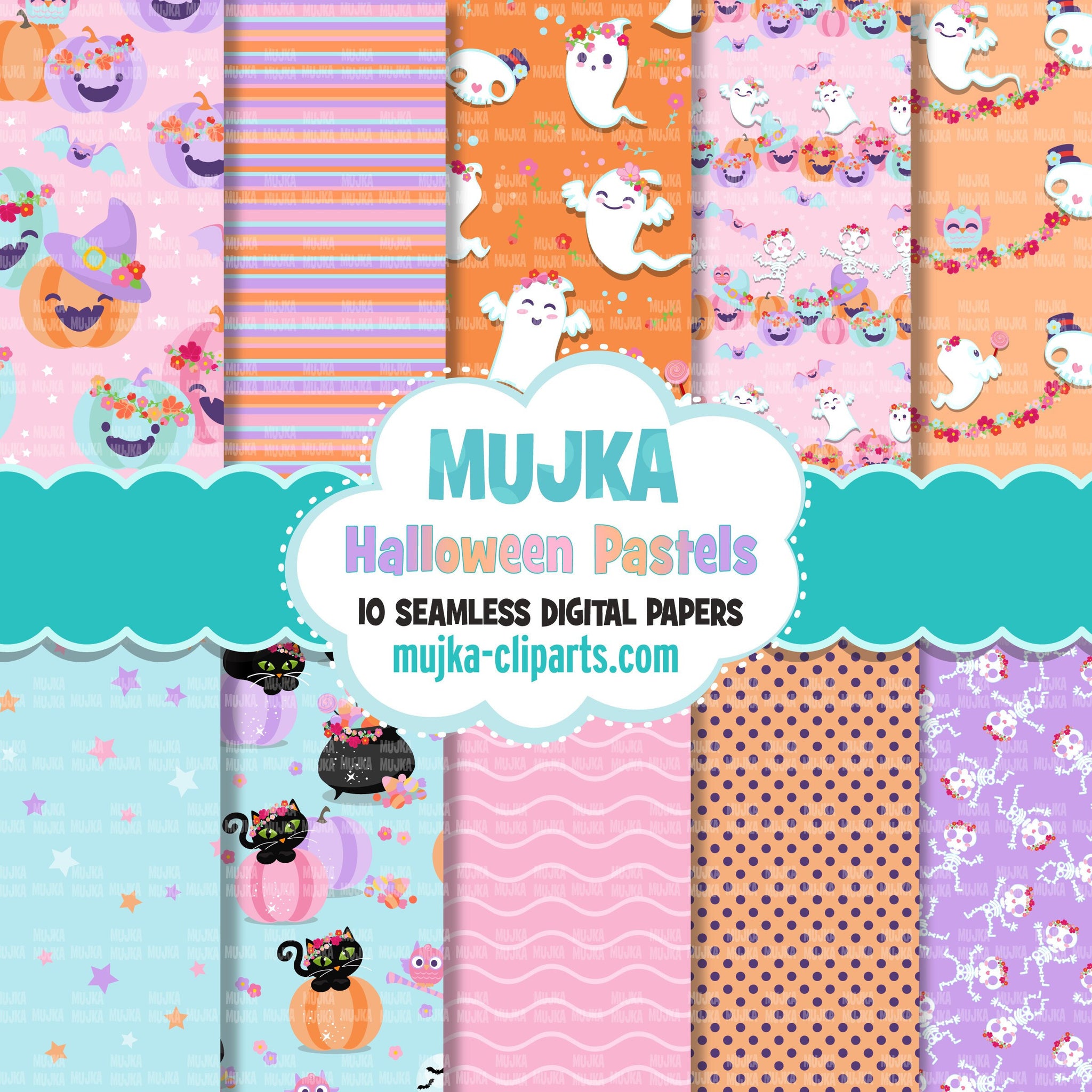 Cute Halloween Digital Papers, Pink Halloween Seamless Patterns, pink pumpkins, halloween baby shower backdrop, Pastel Halloween PNG